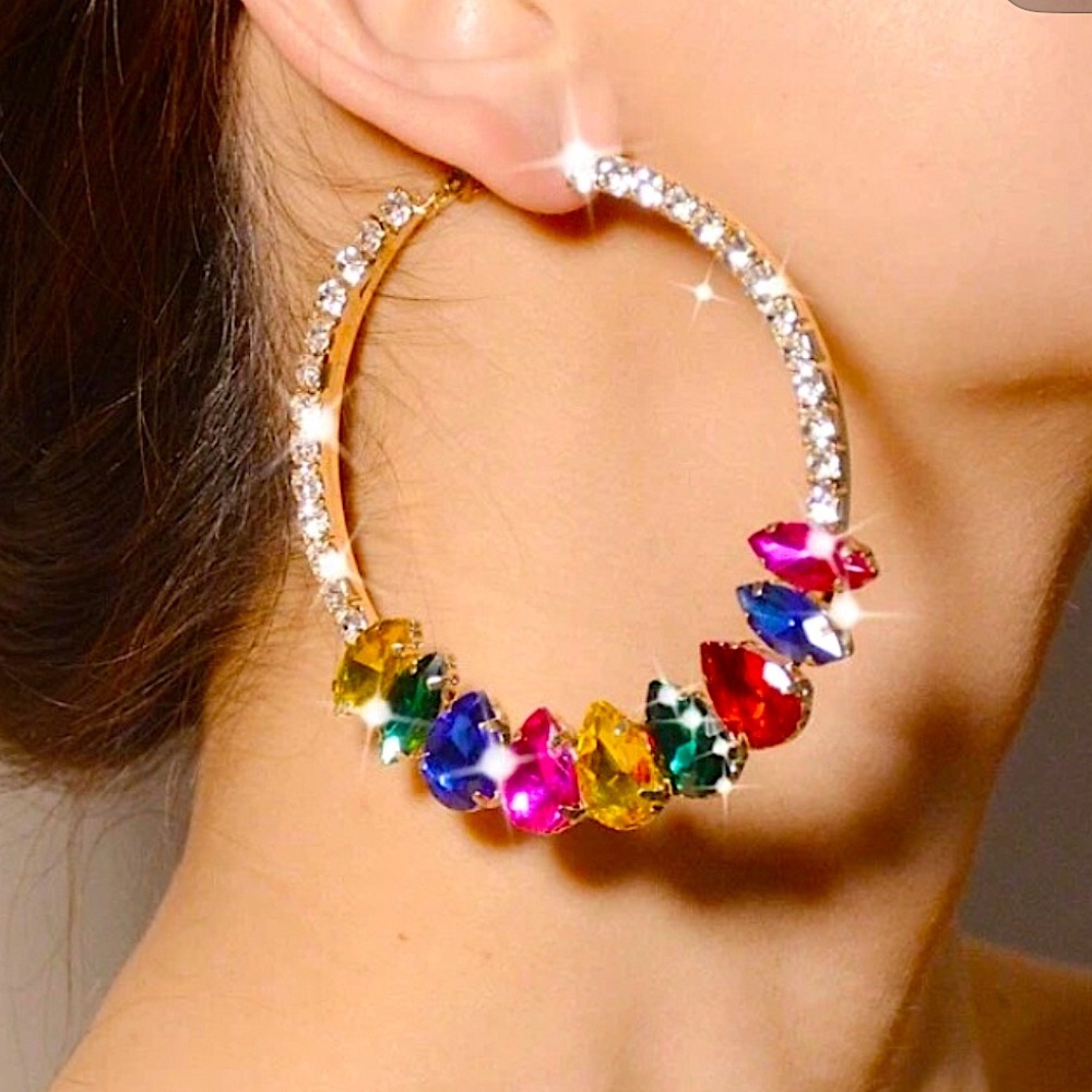 Multicolor Rhinestone Dangle Earrings – Stainless Steel & Vibrant Style